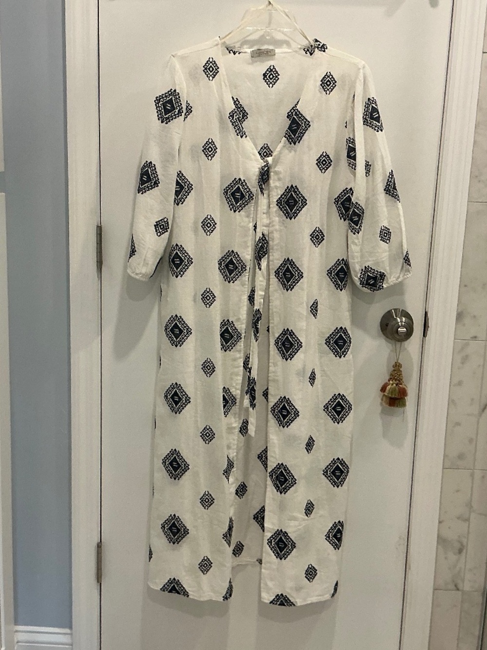 Luisa Perla White Cotton Navy Embroidered Maxi Duster Coverup Tie Front One Sz